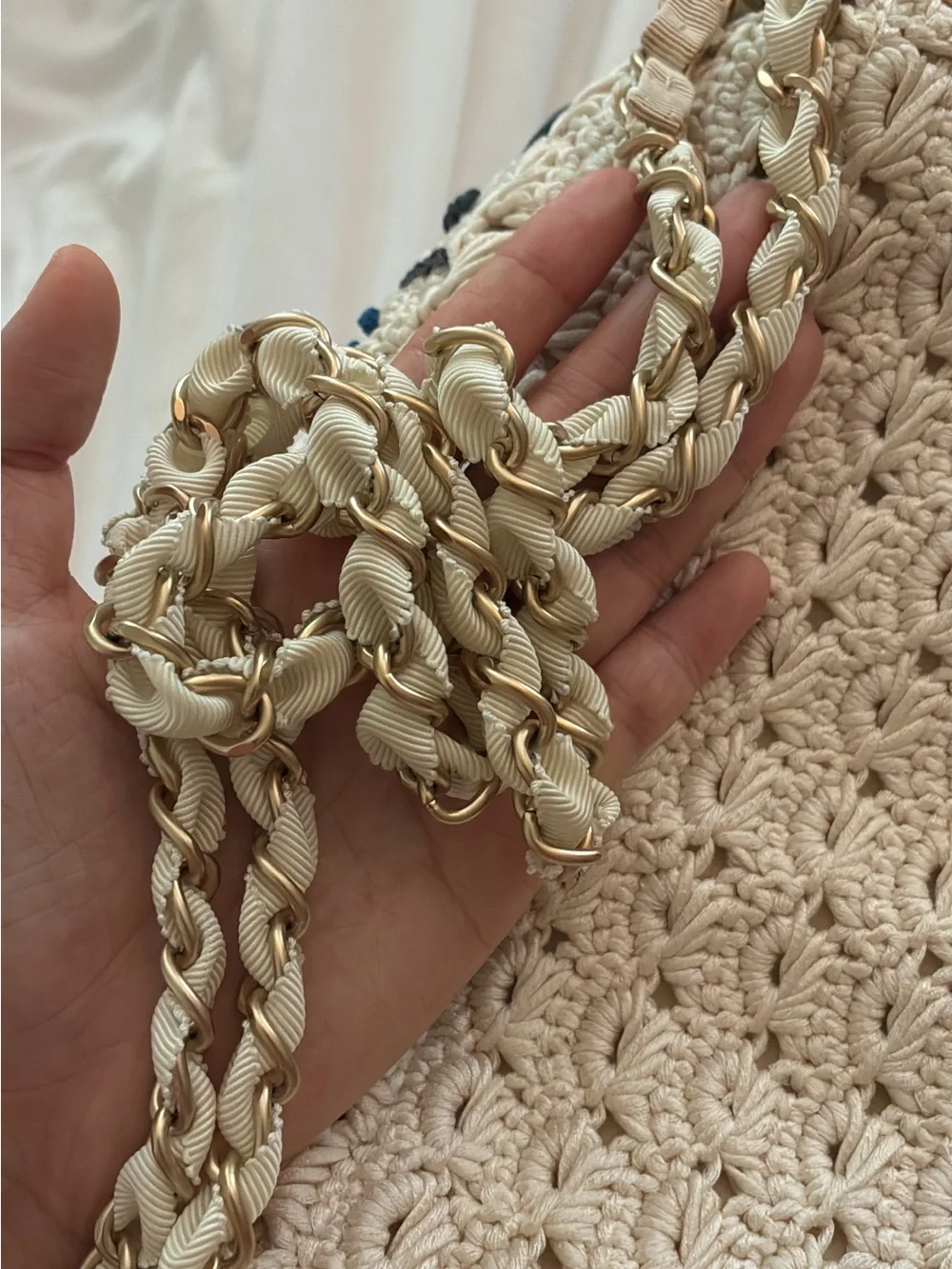 CHANEL Cream Crochet Shoulder Bag with Red and Blue Floral Embroidery